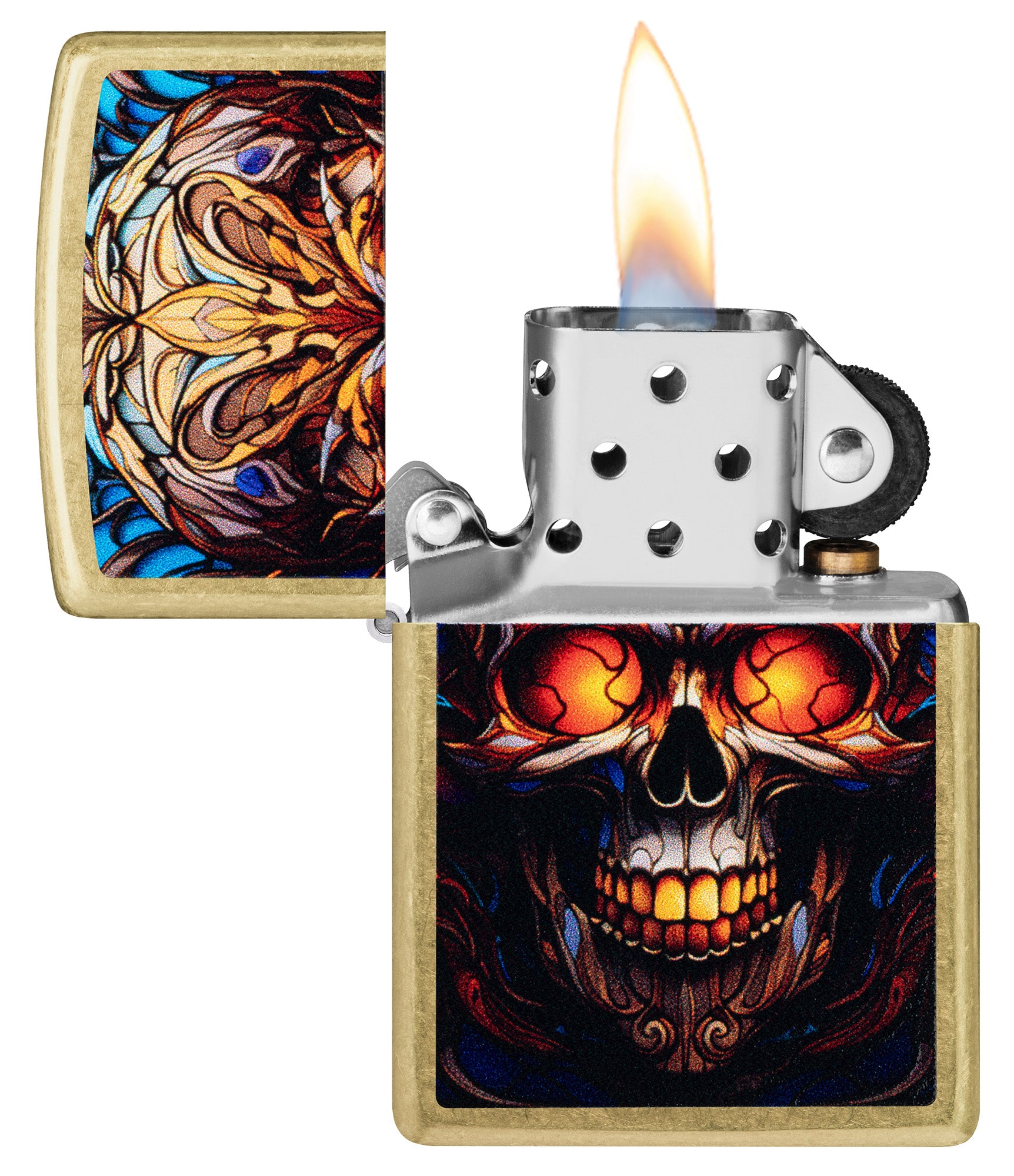 Zippo Stained Glass Skull Design Street Brass Windproof Lighter with its lid open and lit.