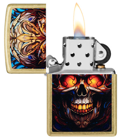 Zippo Stained Glass Skull Design Street Brass Windproof Lighter with its lid open and lit.