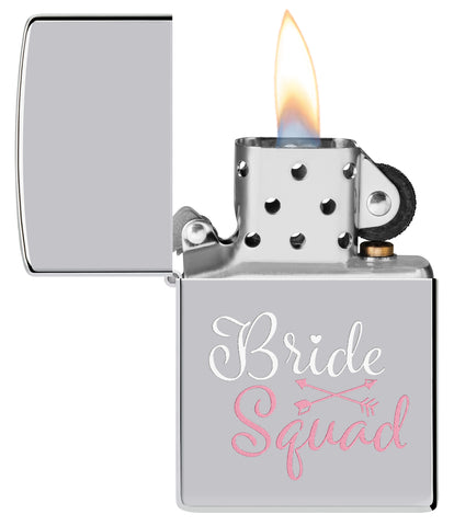 Colorful Bridesquad Design Windproof Lighter with its lid open and lit