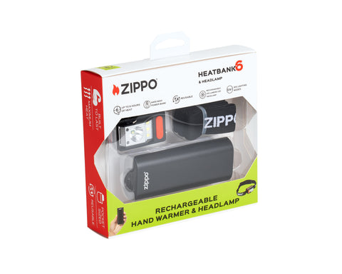 Angled packaging image of Zippo Black HeatBank® 6 Rechargeable Hand Warmer and Headlamp Gift Set.