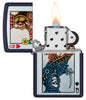 Zippo Queen Design Navy Matte Windproof Lighter with its lid open and lit.