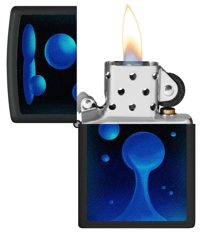 Zippo Black Light Lava Lamp Design Black Matte Windproof Lighter with its lid open and lit.