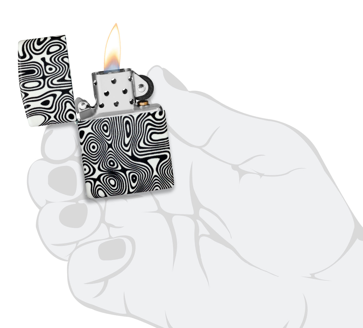 Zippo Glowing Swirls Design 540 Color Glow in the Dark Windproof Lighter lit in hand.