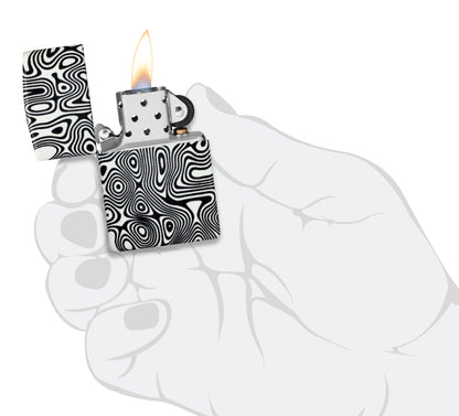 Zippo Glowing Swirls Design 540 Color Glow in the Dark Windproof Lighter lit in hand.