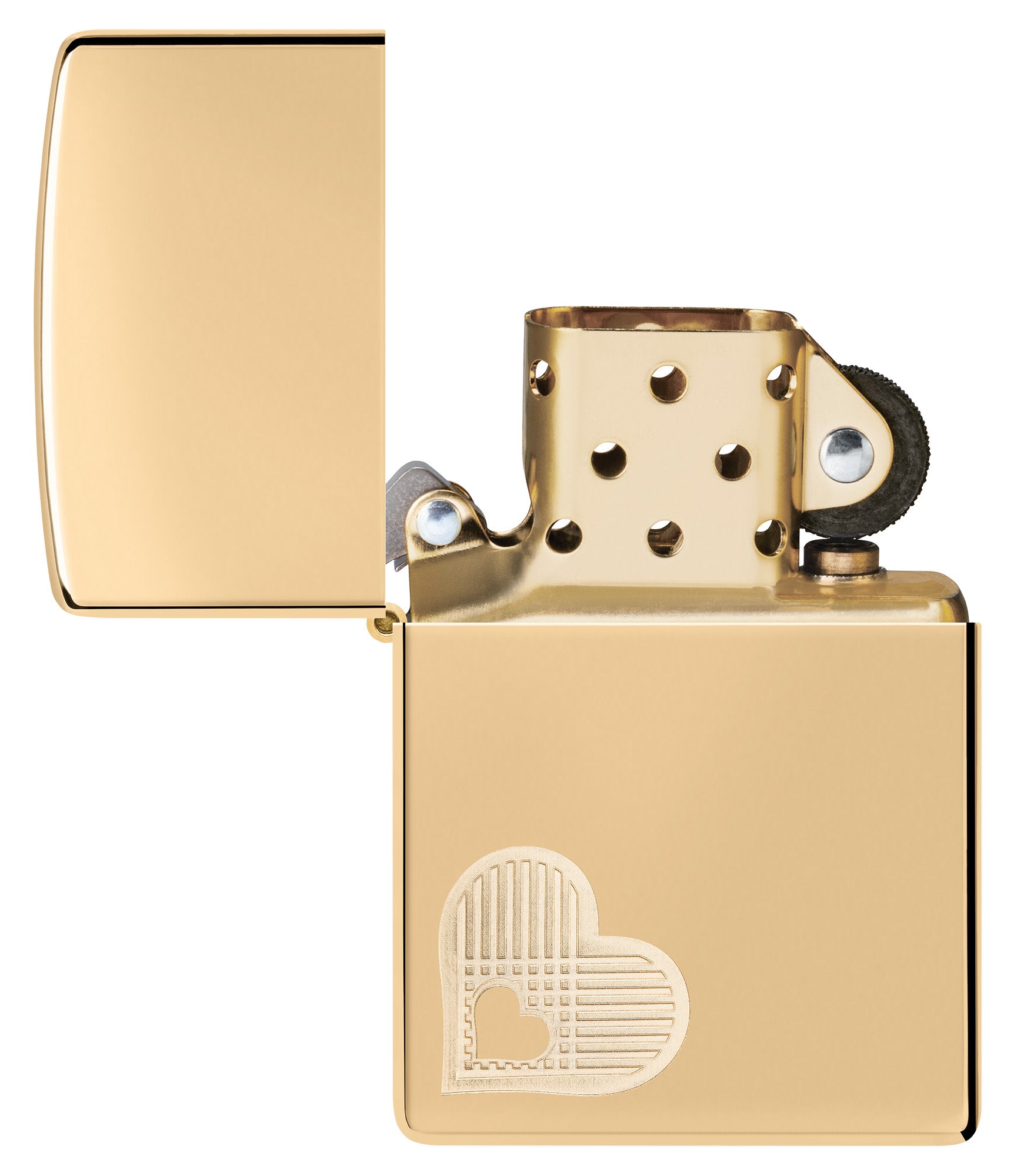 Zippo Double Hearts Design High Polish Brass Windproof Lighter with its lid open and unlit.