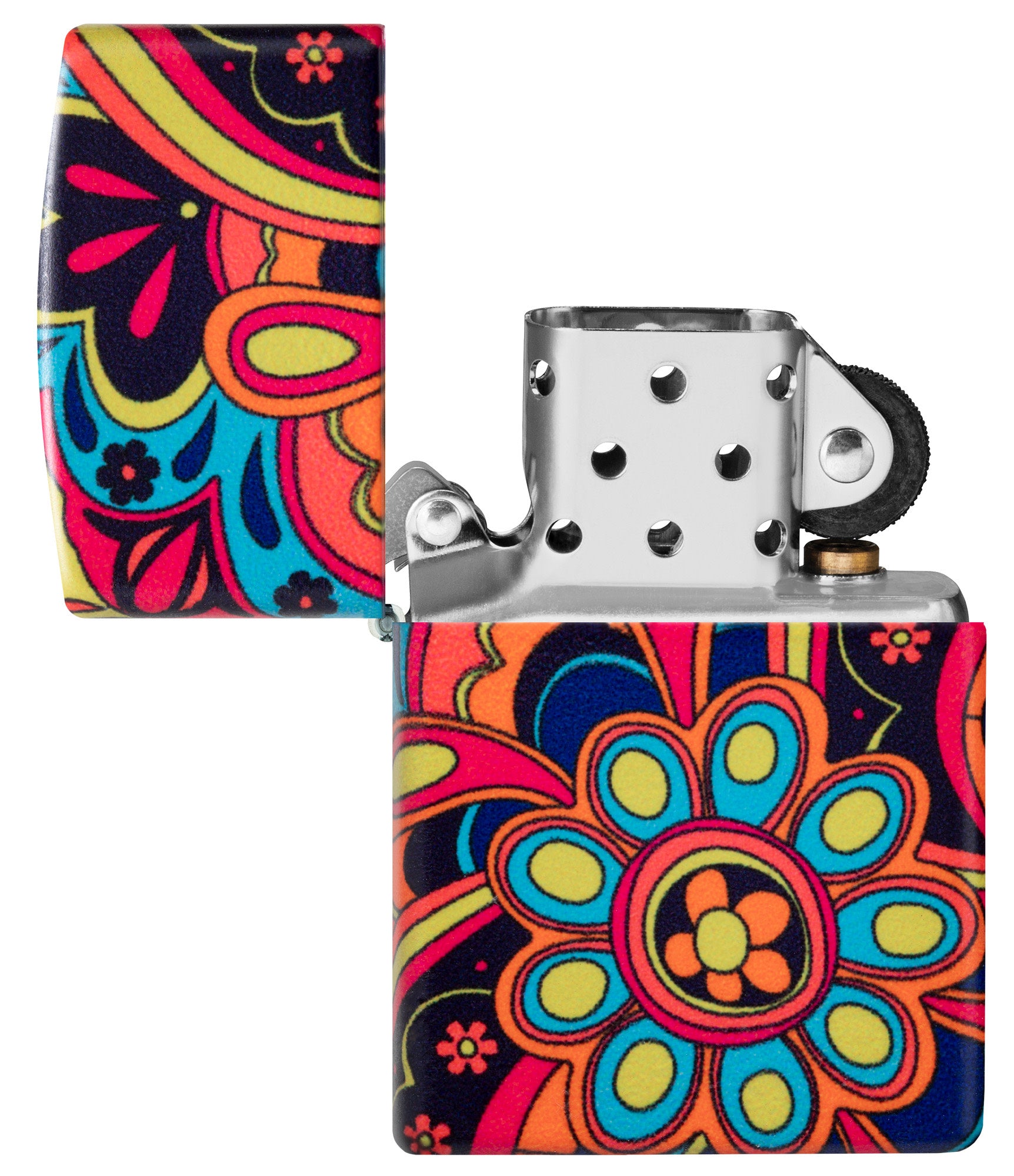 Zippo Flower Power Design 540 Matte Windproof Lighter with its lid open and unlit.