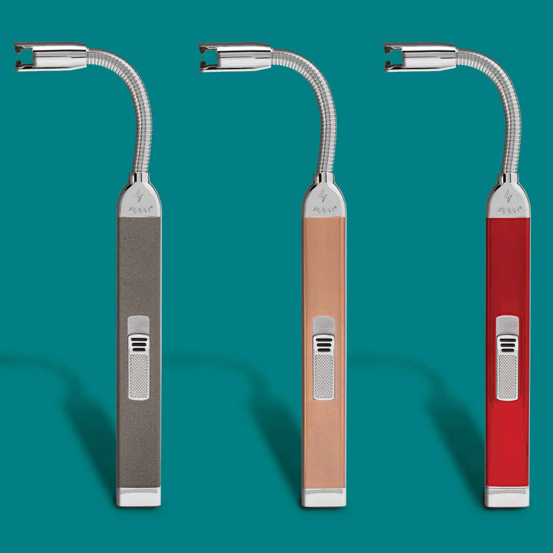 Three color variants of rechargeable candle lighters.