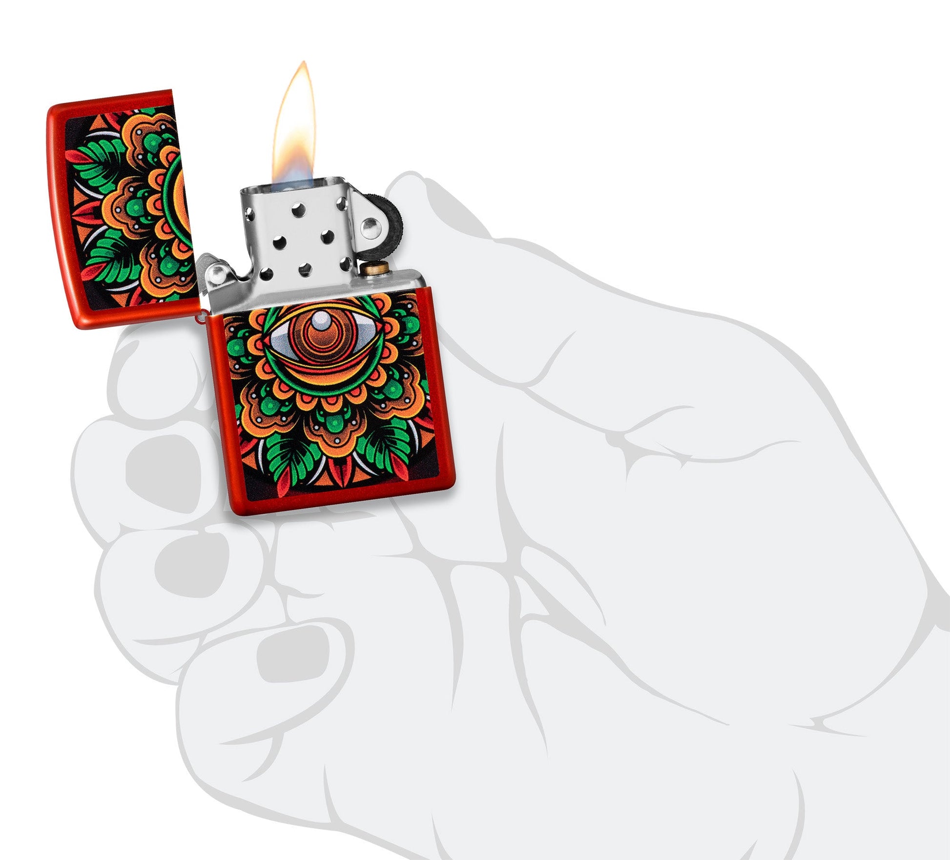Zippo Counter Culture Eye Design Metallic Red Windproof Lighter lit in hand.