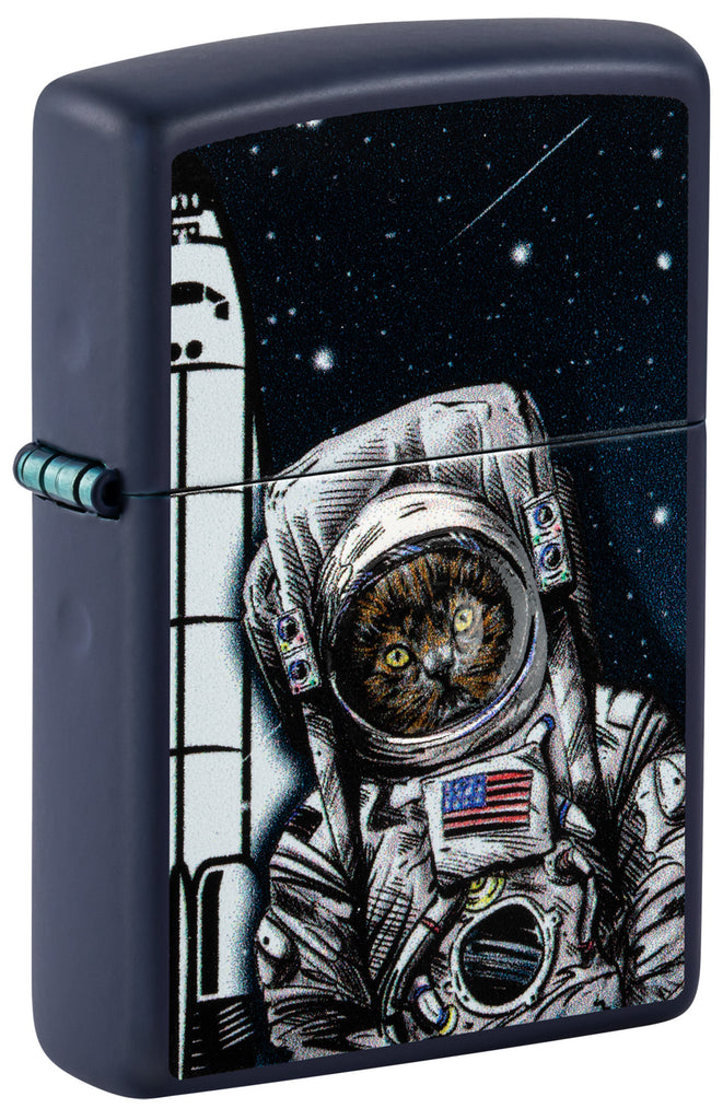 Front shot of Zippo Space Kitten Navy Matte Windproof Lighter standing at a 3/4 angle.