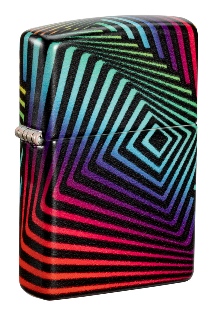 Front shot of Zippo Rainbow Pattern Design 540 Color Windproof Lighter standing at a 3/4 angle.