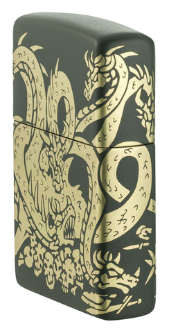 Angled shot of Zippo Dragon Design Green Matte Windproof Lighter showing the front and right side of the lighter.