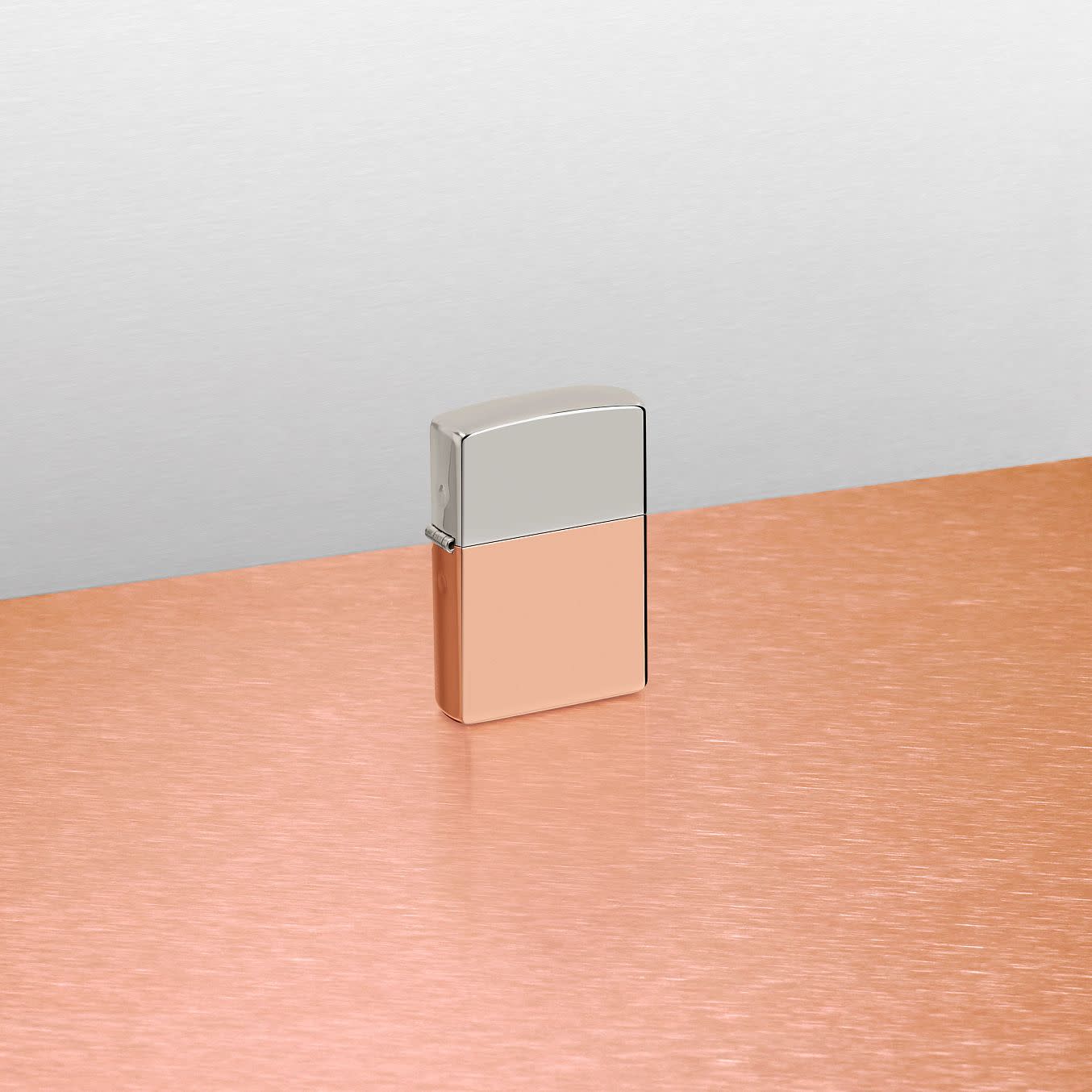 Glamour shot of Zippo Bimetal Case Lighter - Copper Lid Windproof Lighter standing in a split scene.