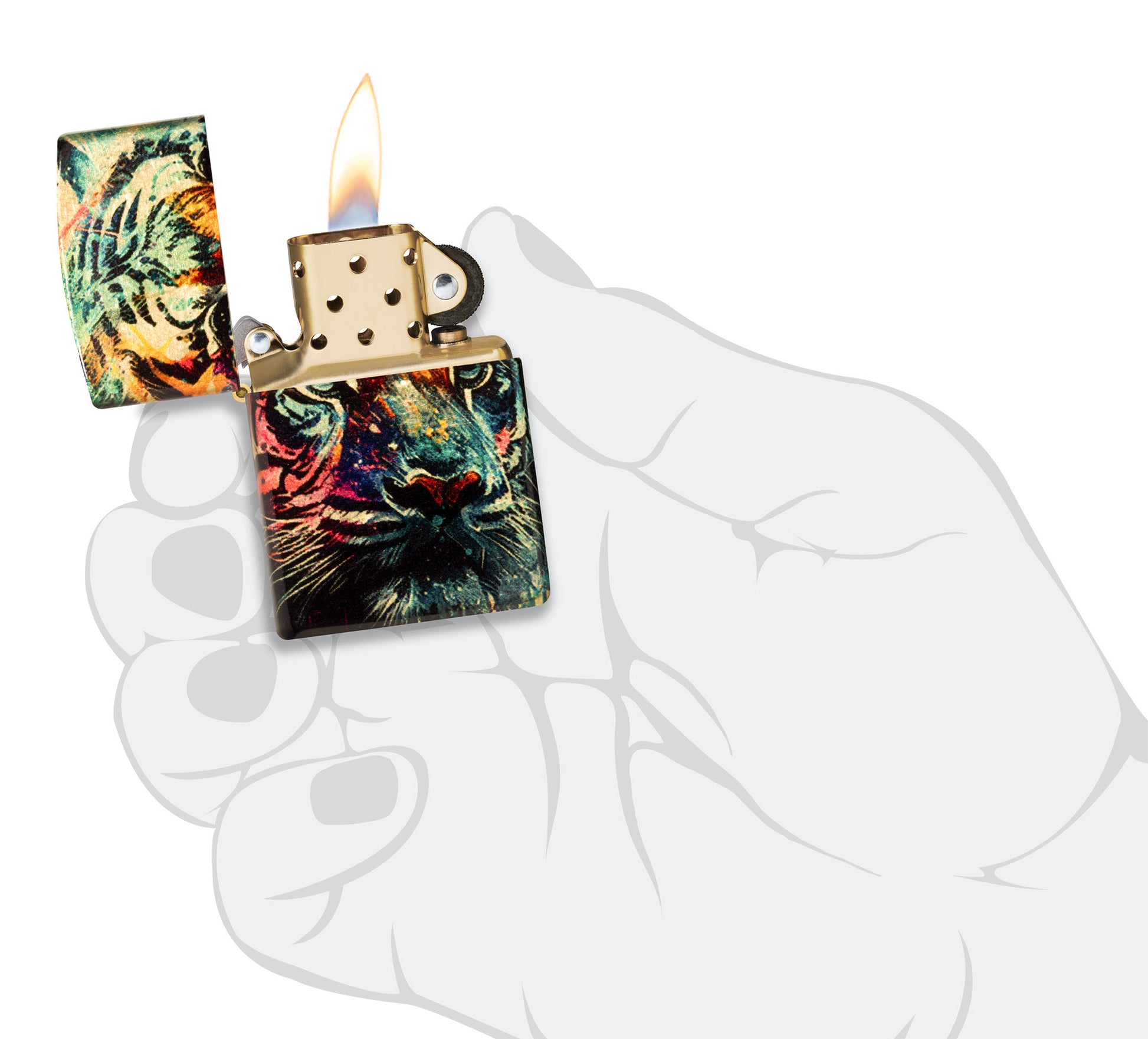 Zippo Painted Tiger Design 540 Tumbled Brass Windproof Lighter lit in hand.