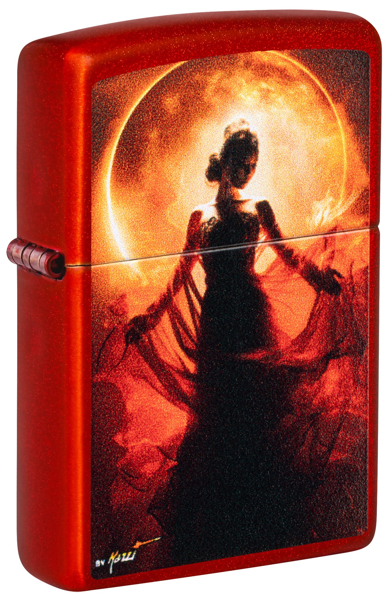 Front shot of Zippo MazziÂ® Woman Silhouette Metallic Red Windproof Lighter standing at a 3/4 angle.