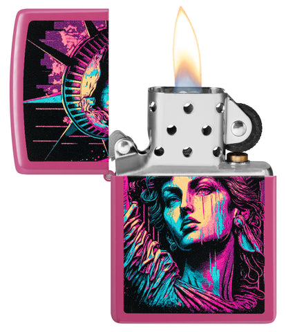 Zippo American Lady Frequency Windproof Lighter with its lid open and unlit.