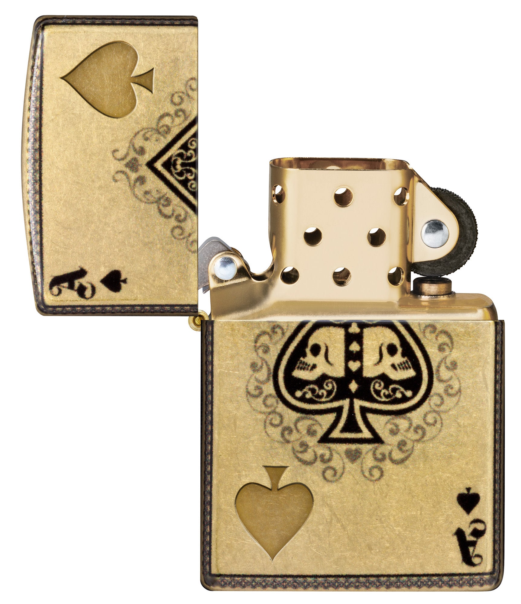 Zippo Ace of Skulls Design 540 Tumbled Brass Windproof Lighter with its lid open and unlit.