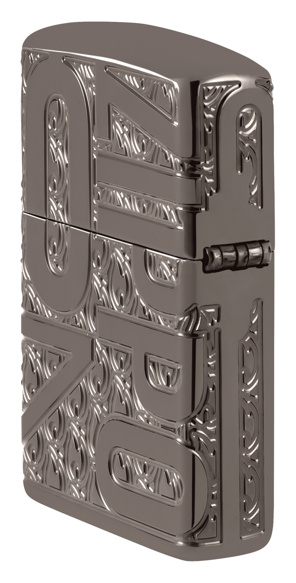 Angled shot of Zippo Reverse Carve Zippo Design ArmorÂ® Black IceÂ® Windproof Lighter showing the back and hinge side of the lighter.