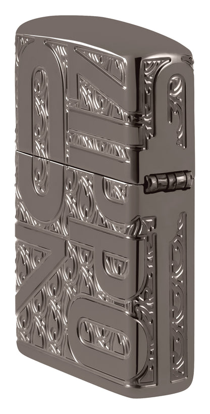 Angled shot of Zippo Reverse Carve Zippo Design ArmorÂ® Black IceÂ® Windproof Lighter showing the back and hinge side of the lighter.