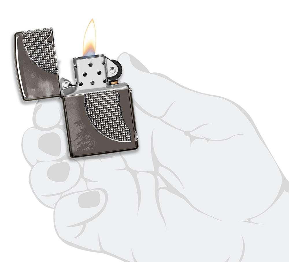 Wolf Design Armor® Black Ice® Windproof Lighter lit in hand