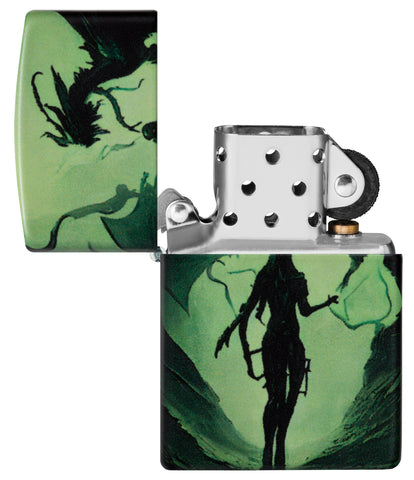 Zippo Glowing Dragon Design 540 Color Glow in the Dark Windproof Lighter with its lid open and unlit.