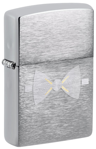 Front view of Gold Bowtie Windproof Lighter standing at a 3/4 angle