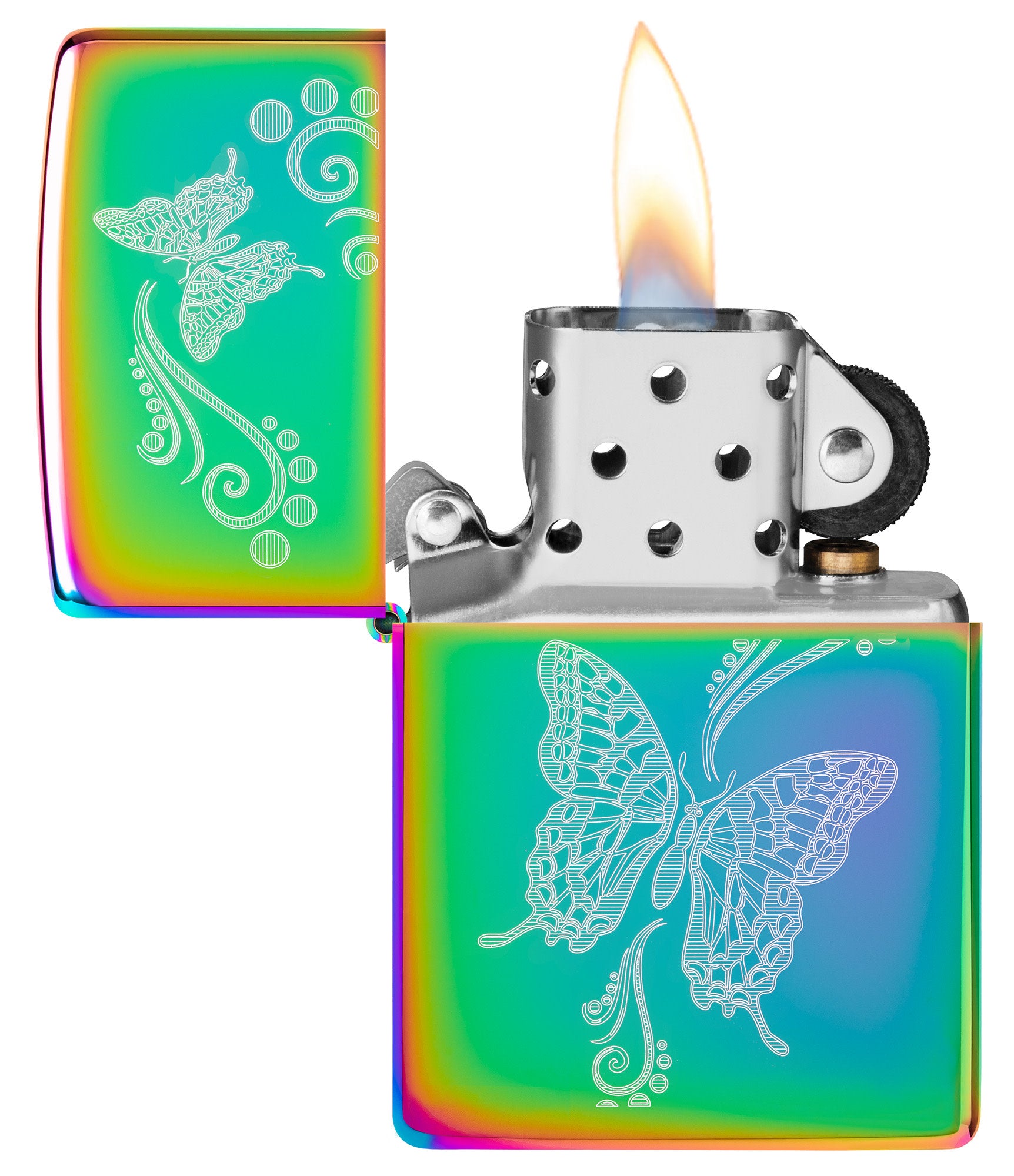 Zippo Butterfly Design Multi-Color Windproof Lighter with its lid open and lit.