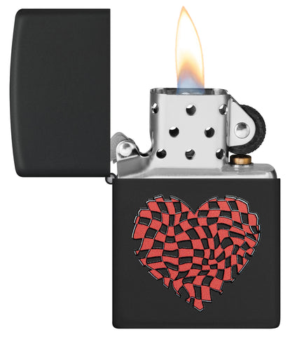 Zippo Heart Design Black Matte Windproof Lighter with its lid open and lit.