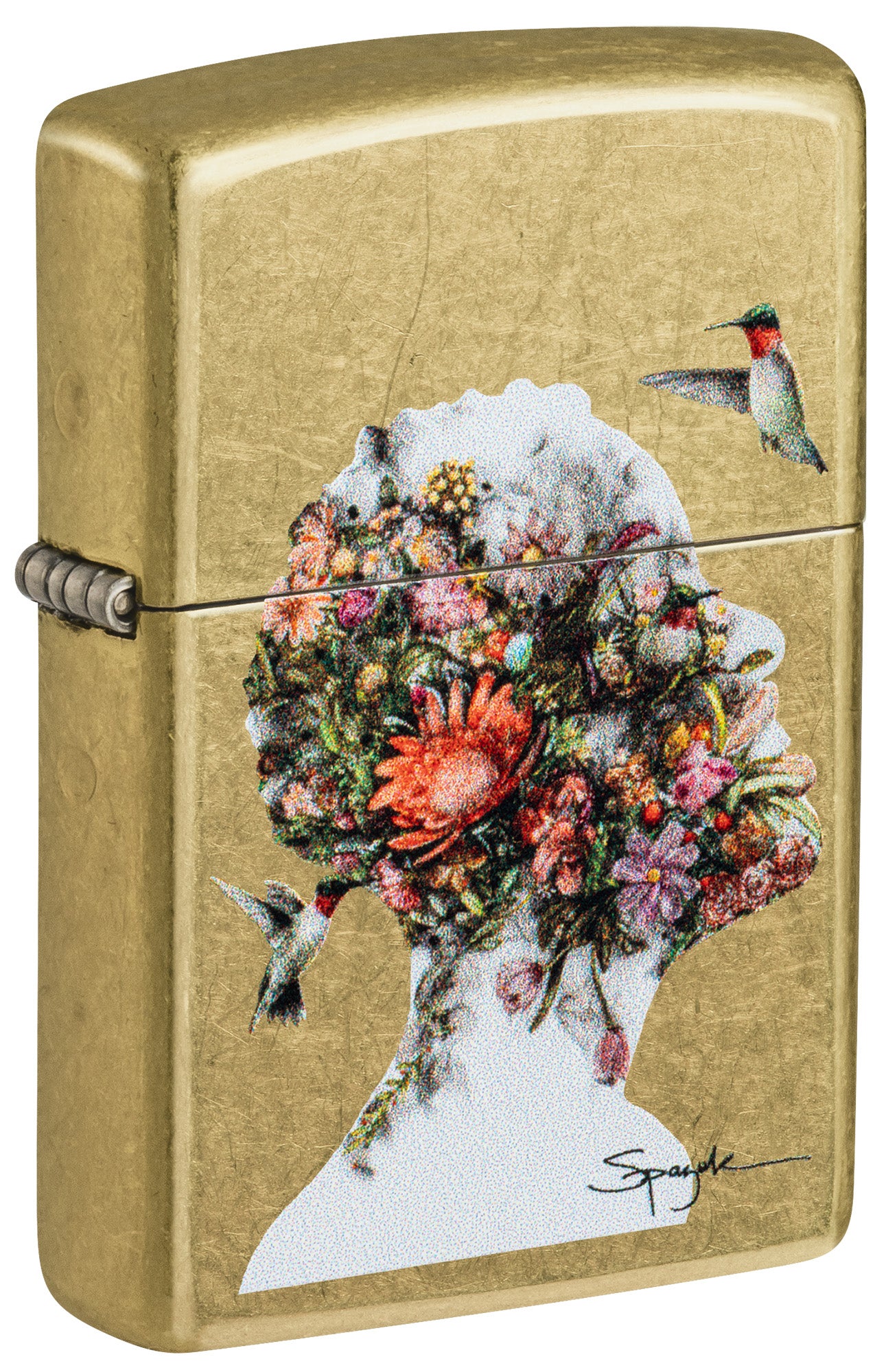 Front shot of Zippo Spazuk Hummingbirds Design Street Brass Windproof Lighter standing at a 3/4 angle.