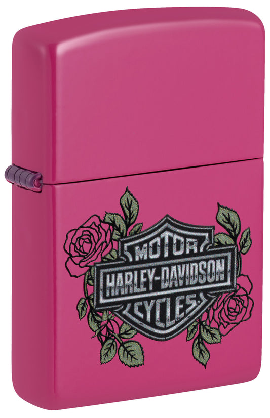 Front shot of Zippo Harley-DavidsonÂ® Roses Frequency Windproof Lighter standing at a 3/4 angle.