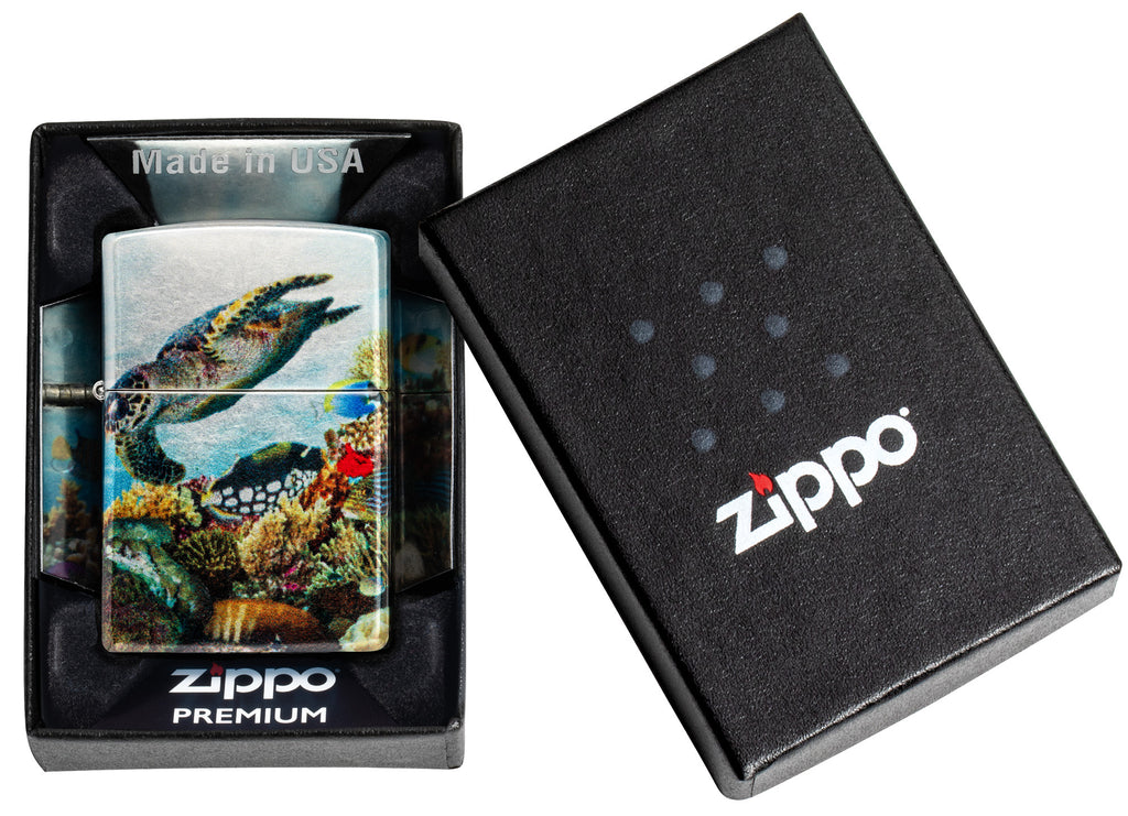 Zippo Deep Sea Design 540 Tumbled Chrome Windproof Lighter in its packaging.