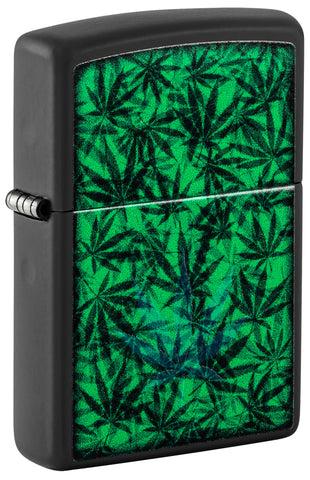 Front shot of Zippo Cannabis Design Black Light Black Matte Windproof Lighter standing at a 3/4 angle.