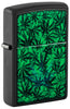 Front shot of Zippo Cannabis Design Black Light Black Matte Windproof Lighter standing at a 3/4 angle.