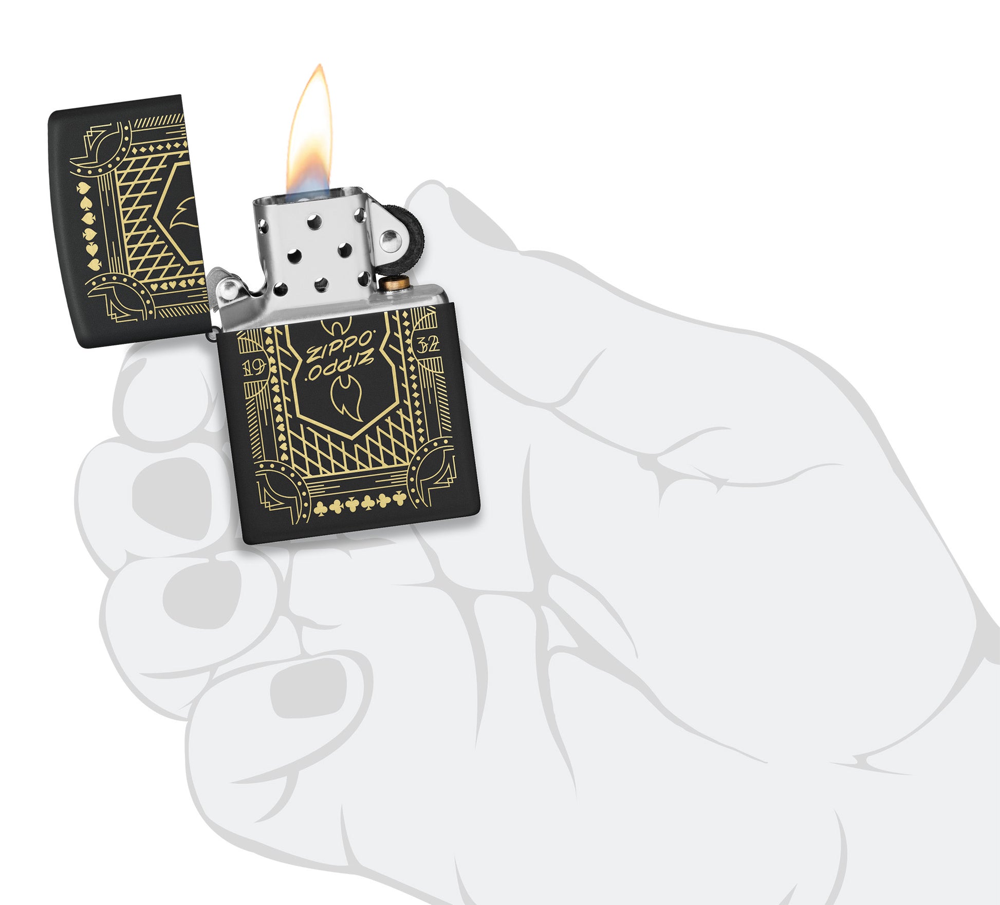 Zippo Lines Design Black Matte Windproof Lighter lit in hand.