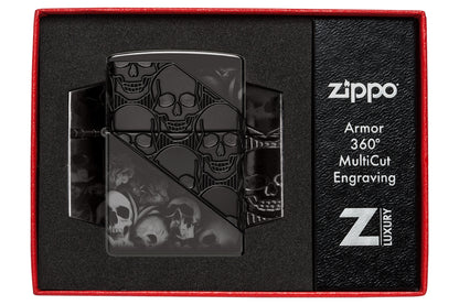 Zippo Skull Collage Design ArmorÂ® High Polish Black Windproof Lighter in its packaging.