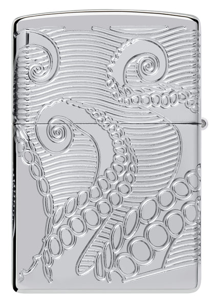 Back shot of Zippo Tentacles Design ArmorÂ® High Polish Chrome Windproof Lighter.