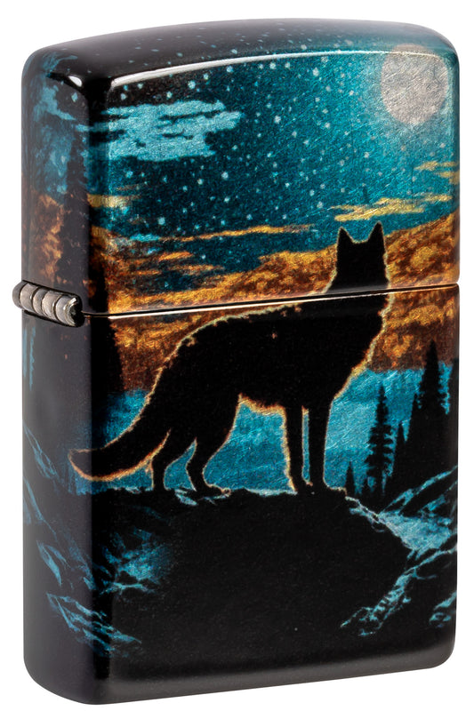 Front shot of Zippo Moonlight Wolf Design 540 Tumbled Chrome Windproof Lighter standing at a 3/4 angle.