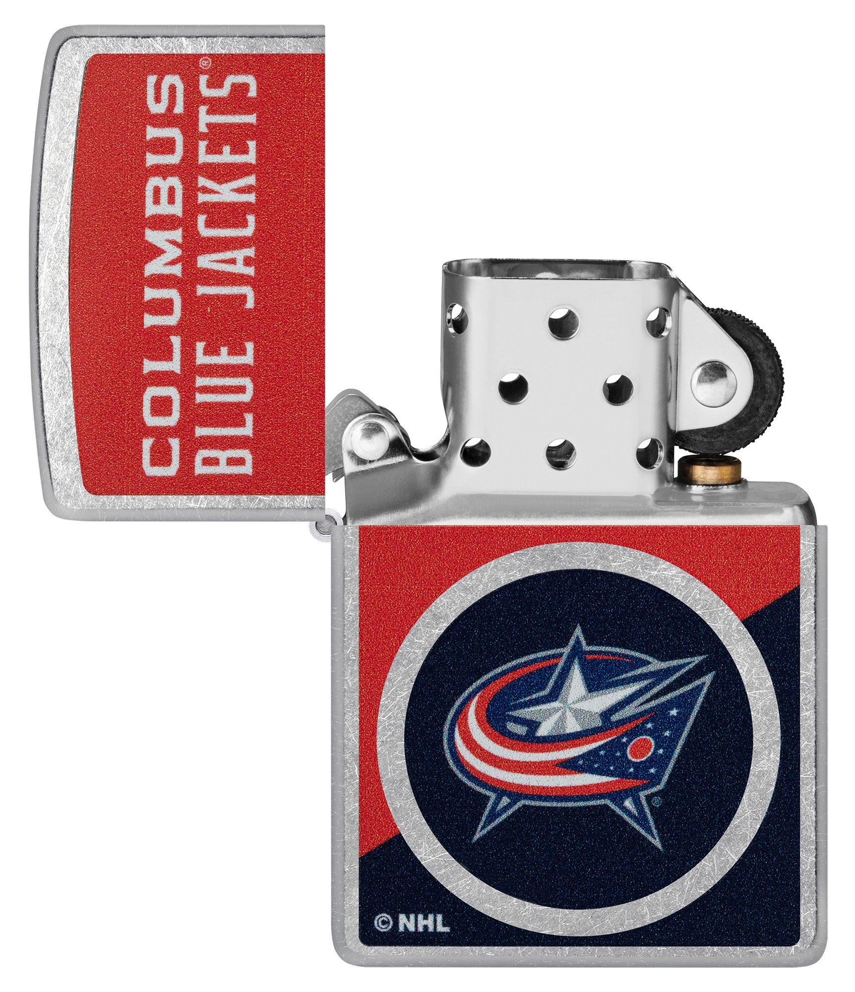 Zippo NHL® Columbus Blue Jackets® 2024 Street Chrome™ Windproof Lighter lit in hand.
