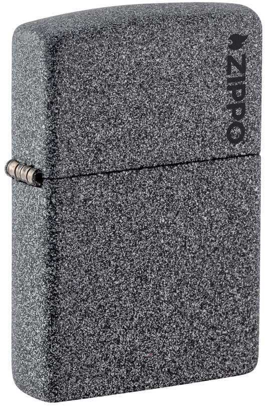 Front shot of Zippo Classic Iron Stone Zippo Logo Windproof Lighter standing at a 3/4 angle.
