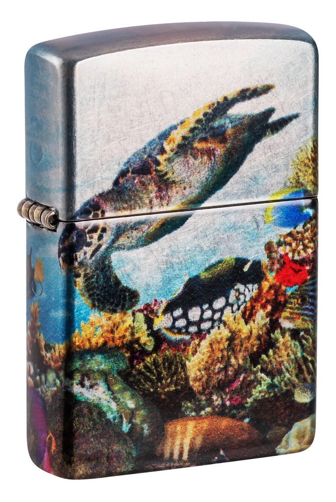 Front shot of Zippo Deep Sea Design 540 Tumbled Chrome Windproof Lighter standing at a 3/4 angle.