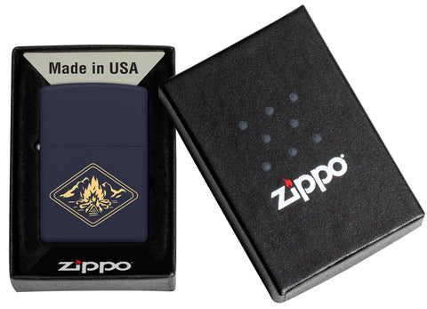 Zippo Campfire Design Navy Matte Windproof Lighter in its packaging.