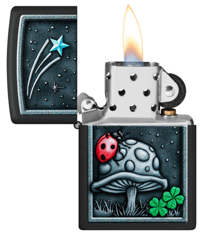 Zippo Ladybug Design Black Matte Windproof Lighter with its lid open and lit.