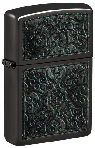 Front view of Zippo Pattern Design High Polish Black Windproof Lighter standing at a 3/4 angle.