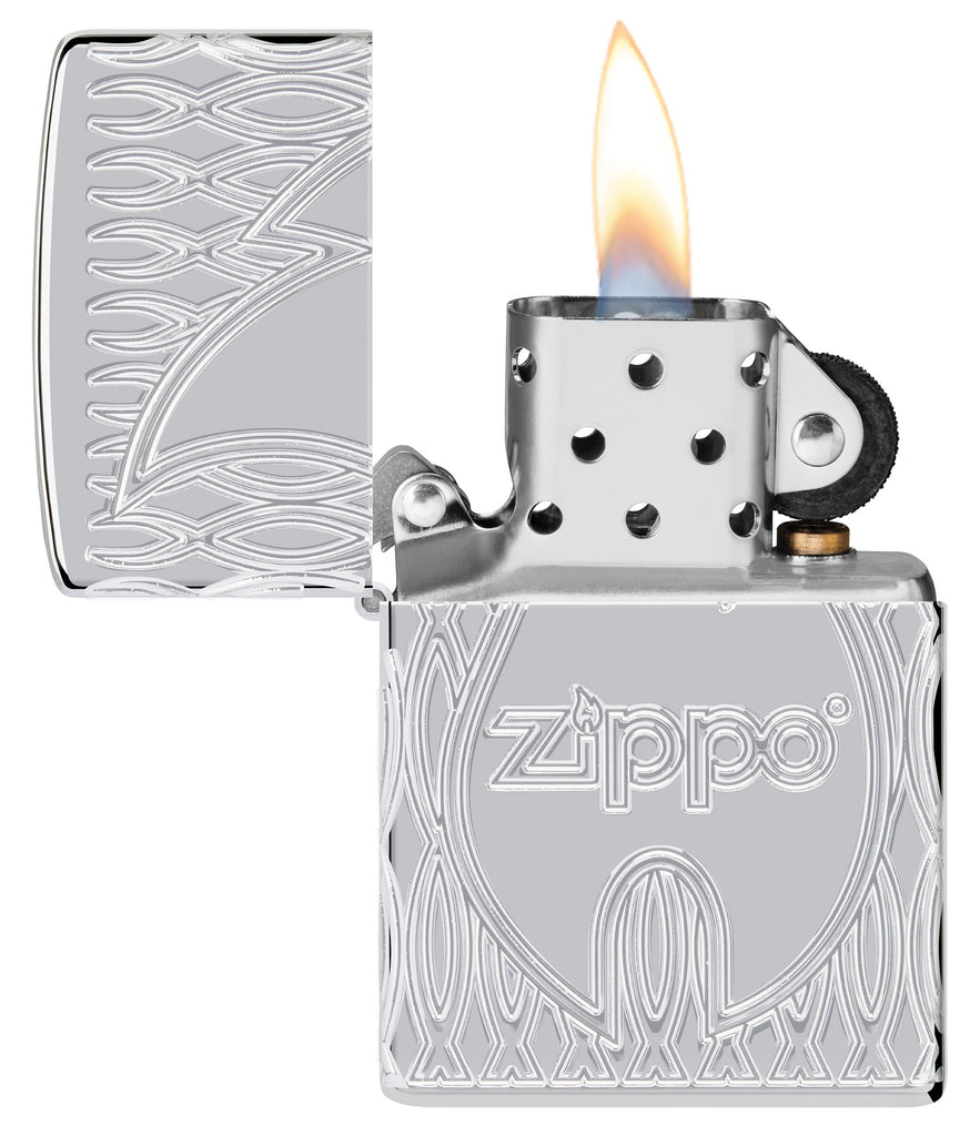 Zippo Flame Design Armor High Polish Chrome Windproof Lighter with its lid open and lit.