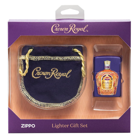 Front view of the Crown Royal® Purple Matte Windproof Lighter and Pouch Gift Set.