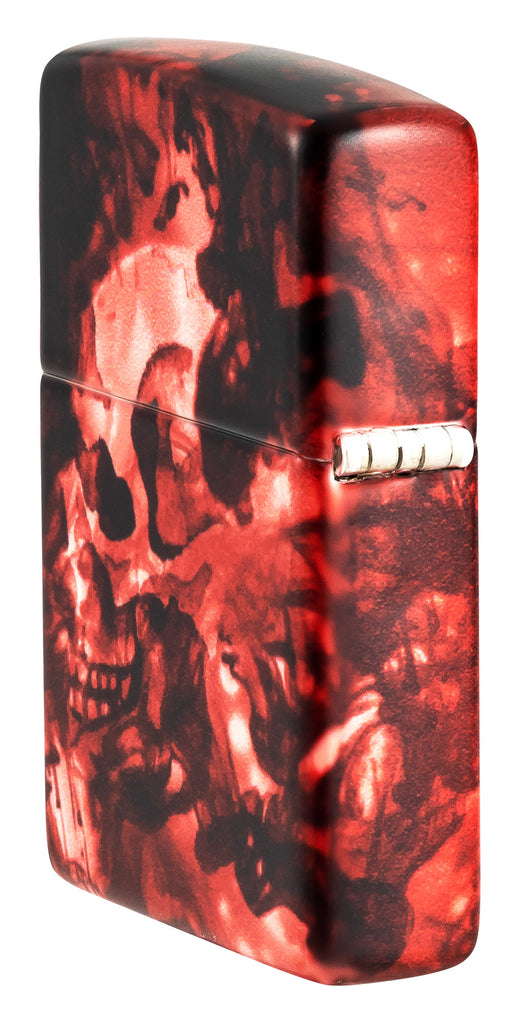 Angled shot of Zippo Spooky Skulls 540 Matte Windproof Lighter showing the back and hinge side of the lighter.