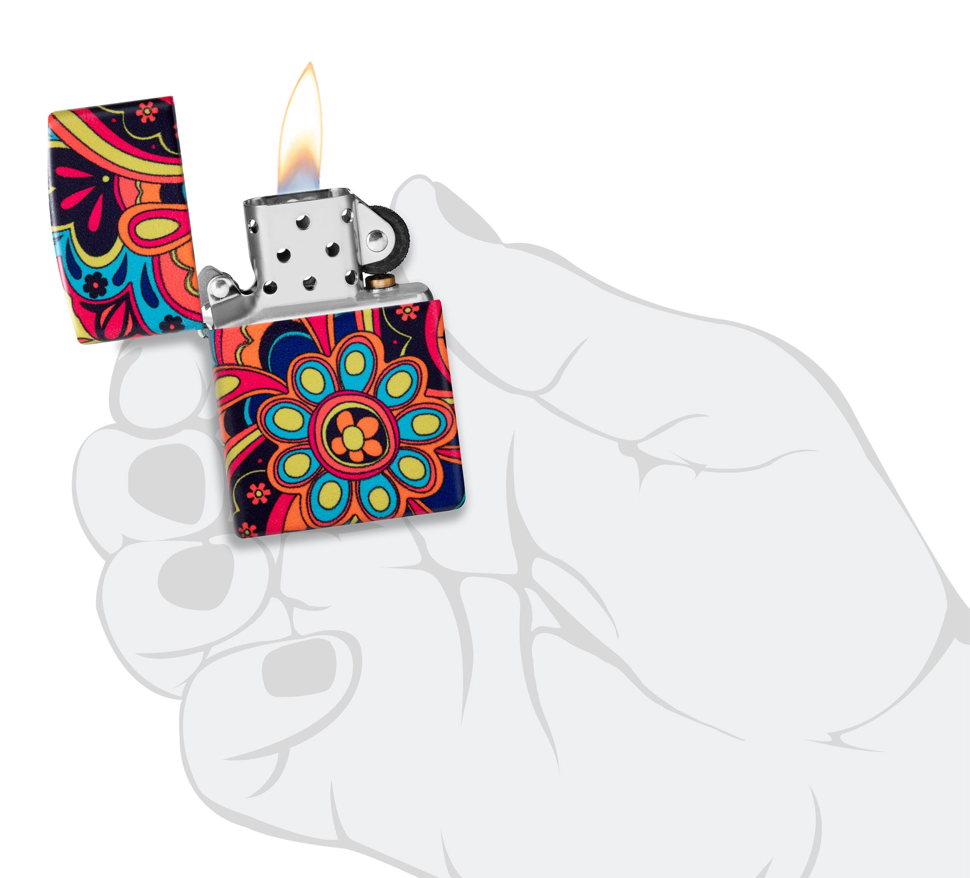 Zippo Flower Power Design 540 Matte Windproof Lighter lit in hand.