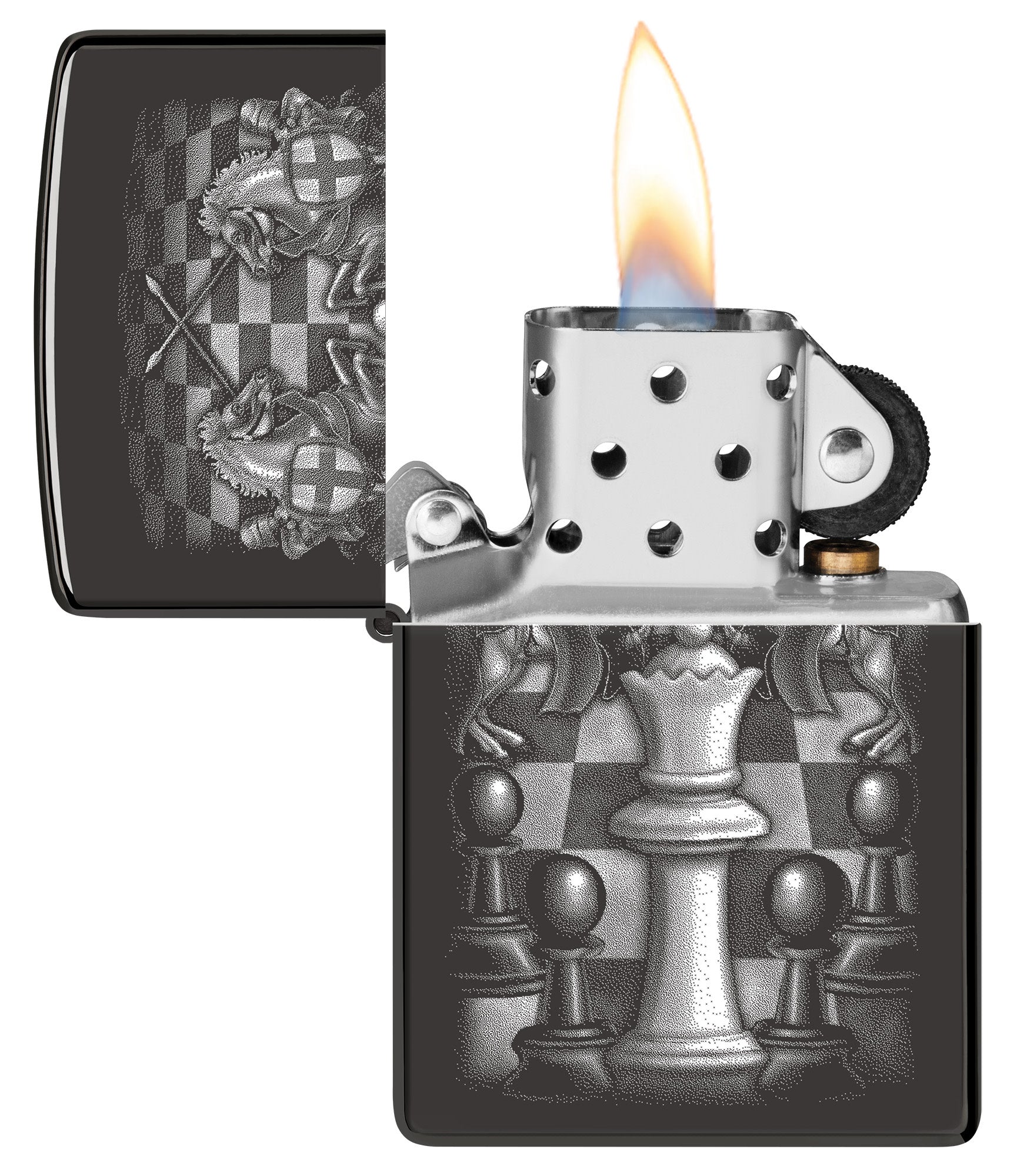 Zippo Chess Design High Polish Black Windproof Lighter with its lid open and lit.
