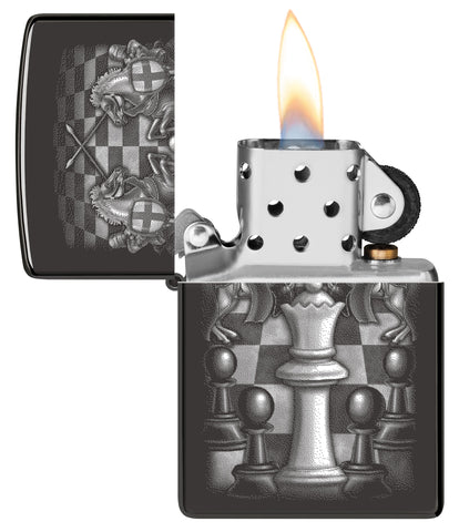 Zippo Chess Design High Polish Black Windproof Lighter with its lid open and lit.