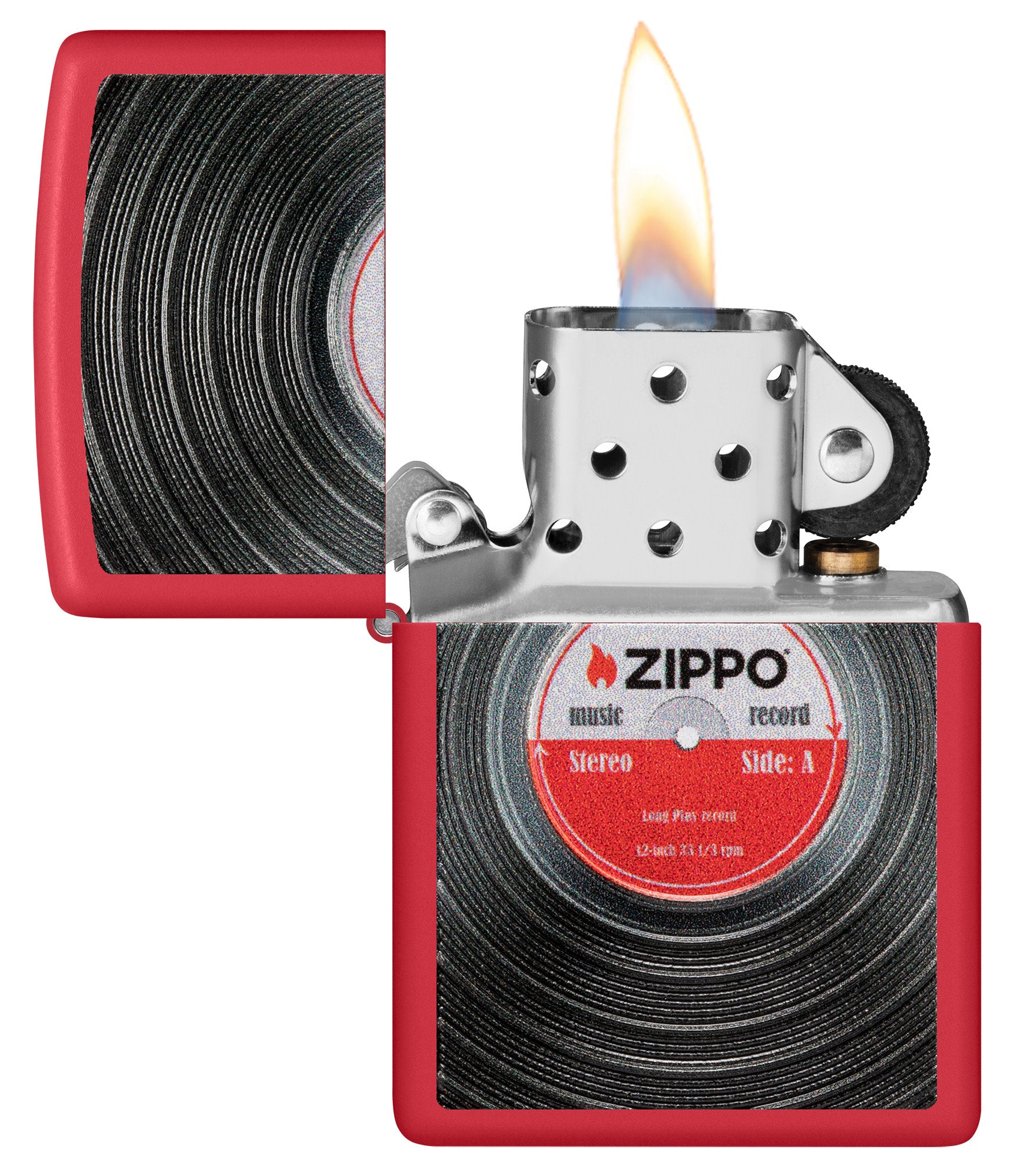 Zippo VinylÂ Record Texture Print Red Matte Windproof Lighter with its lid open and lit.