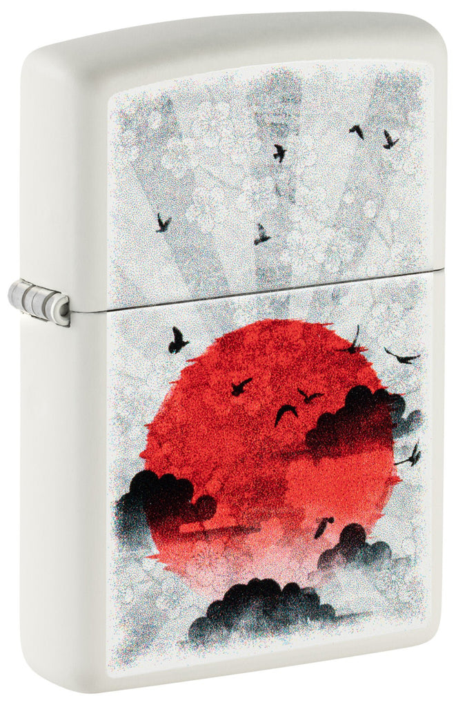 Front shot of Zippo Red Moon Design White Matte Windproof Lighter standing at a 3/4 angle.